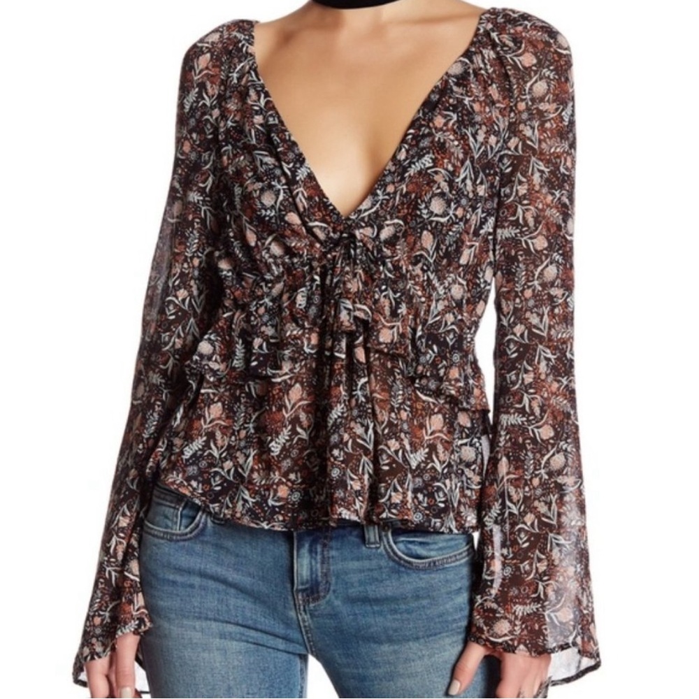 Free People Uptown Bell Sleeve Tiered Vneck Sheer Blouse size M